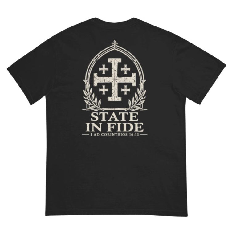 Jerusalem Cross Backprint Tee, back view with Latin artwork: STATE IN FIDE
