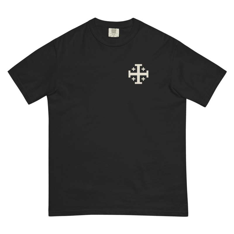 Baldwin IV Backprint Tee, front view with small Jerusalem cross on the left chest