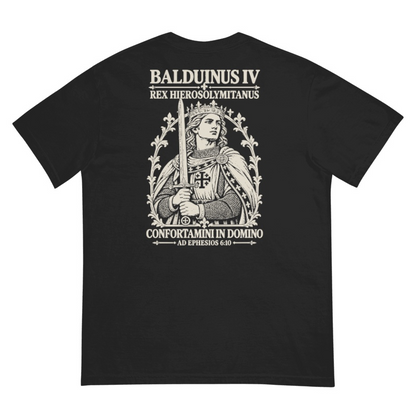 Baldwin IV Backprint Tee, back view with Latin artwork: BALDUINUS IV, REX HIEROSOLYMITANUS, CONFORTAMINI IN DOMINO