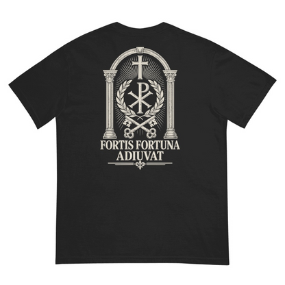 Fortis Fortuna Adiuvat Backprint Tee, back view with Latin artwork: FORTIS FORTUNA ADIUVAT