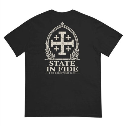 Jerusalem Cross Backprint Tee, back view with Latin artwork: STATE IN FIDE