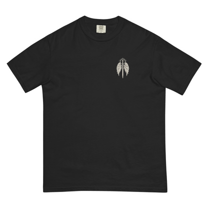 Saint Michael Backprint Tee, front view with small sword, halo, and wings emblem on the left chest