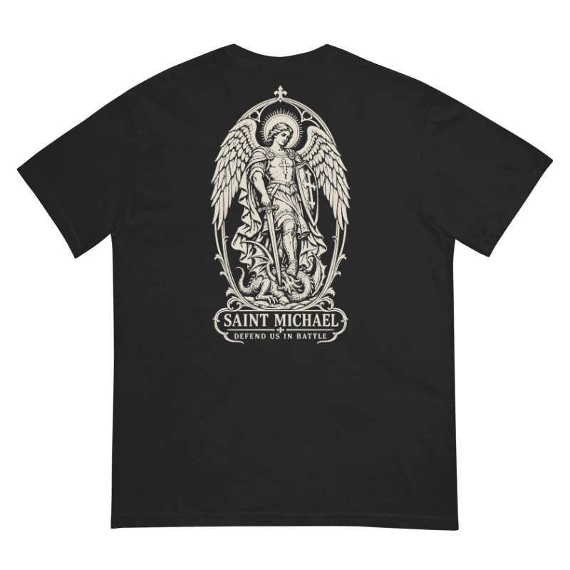 Saint Michael Backprint Tee, back view with English artwork: SAINT MICHAEL, DEFEND US IN BATTLE