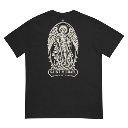 Saint Michael Backprint Tee, back view with English artwork: SAINT MICHAEL, DEFEND US IN BATTLE