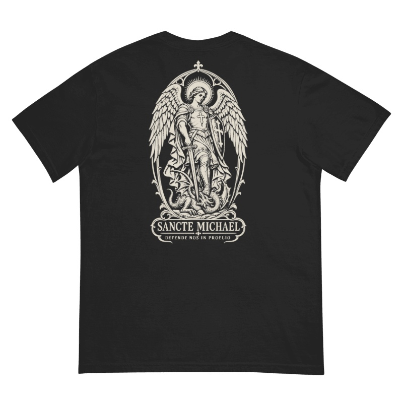 Saint Michael Backprint Tee, back view with Latin artwork: SANCTE MICHAEL, DEFENDE NOS IN PROELIO