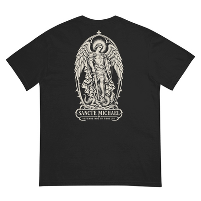 Saint Michael Backprint Tee, back view with Latin artwork: SANCTE MICHAEL, DEFENDE NOS IN PROELIO