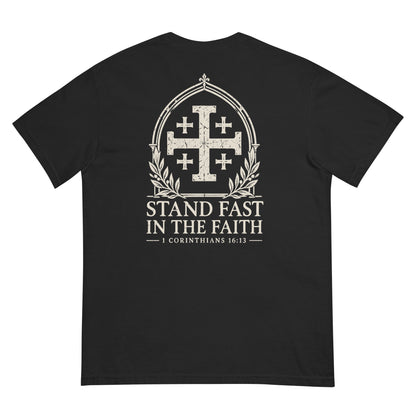 Jerusalem Cross Backprint Tee, back view with English artwork: STAND FAST IN THE FAITH