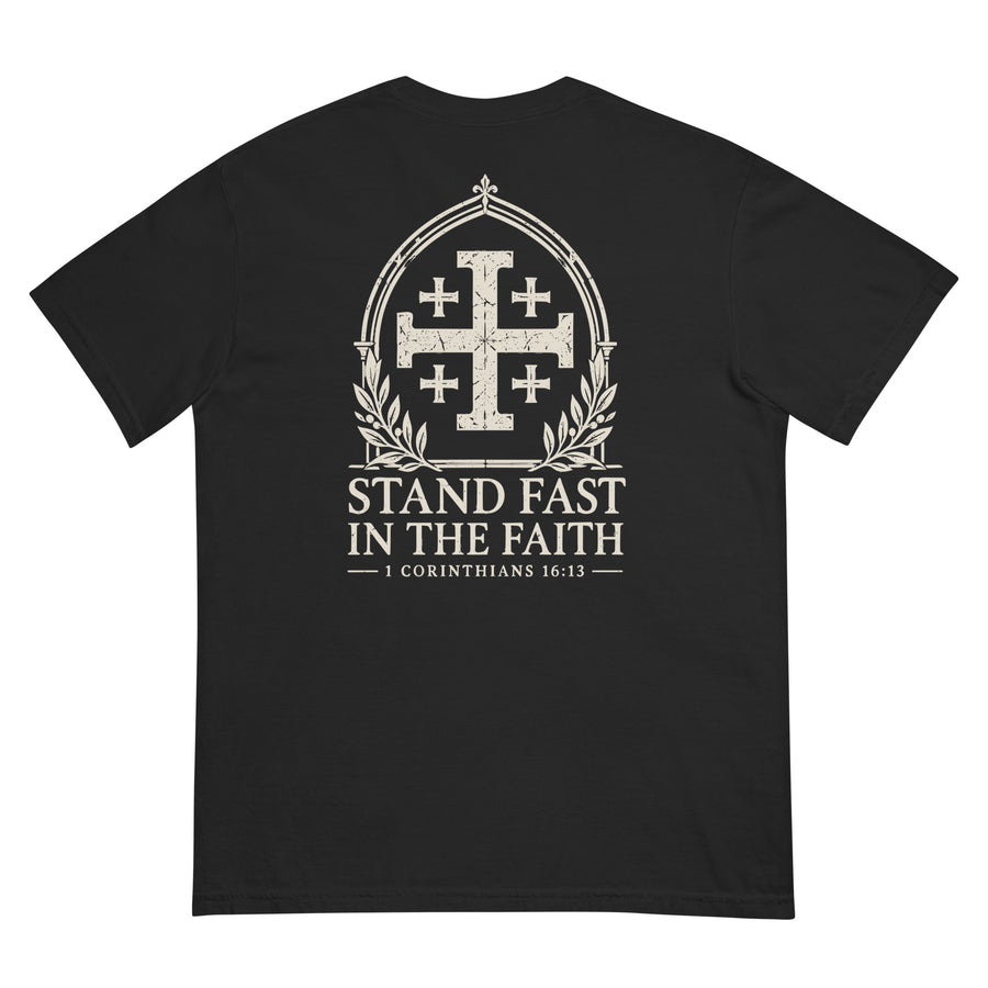 Jerusalem Cross Backprint Tee, back view with English artwork: STAND FAST IN THE FAITH