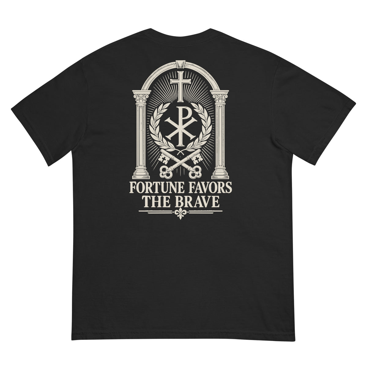 Fortis Fortuna Adiuvat Backprint Tee, back view with English artwork: FORTUNE FAVORS THE BRAVE