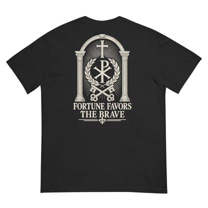 Fortis Fortuna Adiuvat Backprint Tee, back view with English artwork: FORTUNE FAVORS THE BRAVE