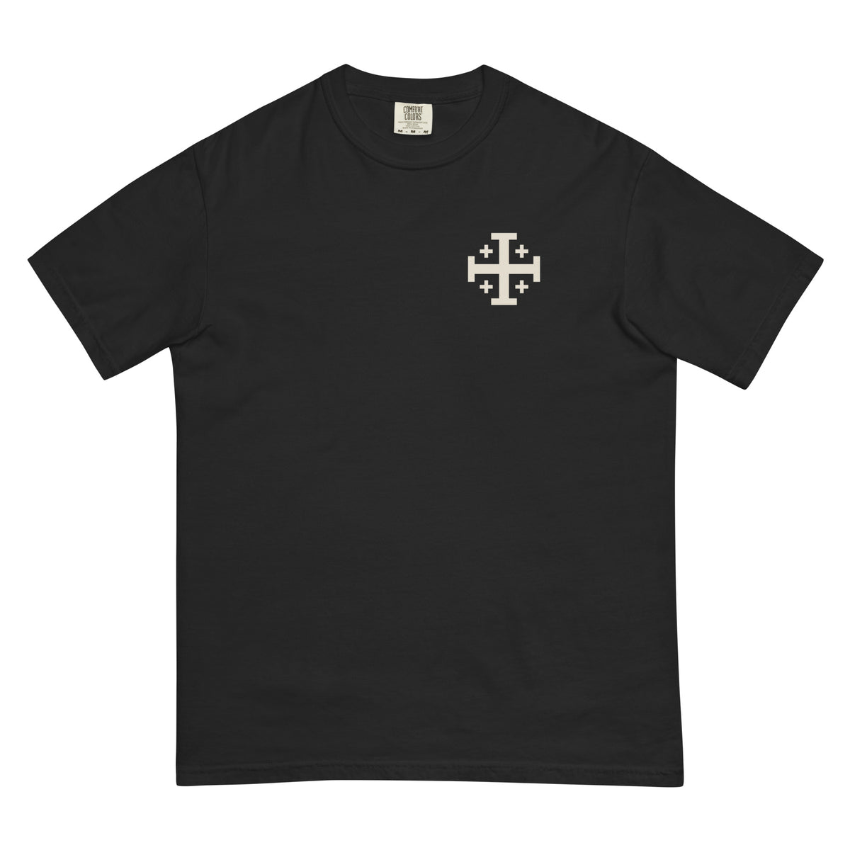 Jerusalem Cross Backprint Tee, front view with small Jerusalem cross on the left chest