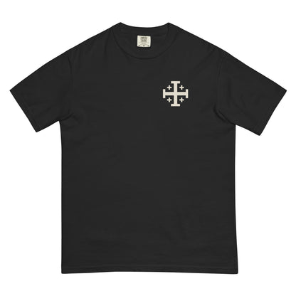 Jerusalem Cross Backprint Tee, front view with small Jerusalem cross on the left chest