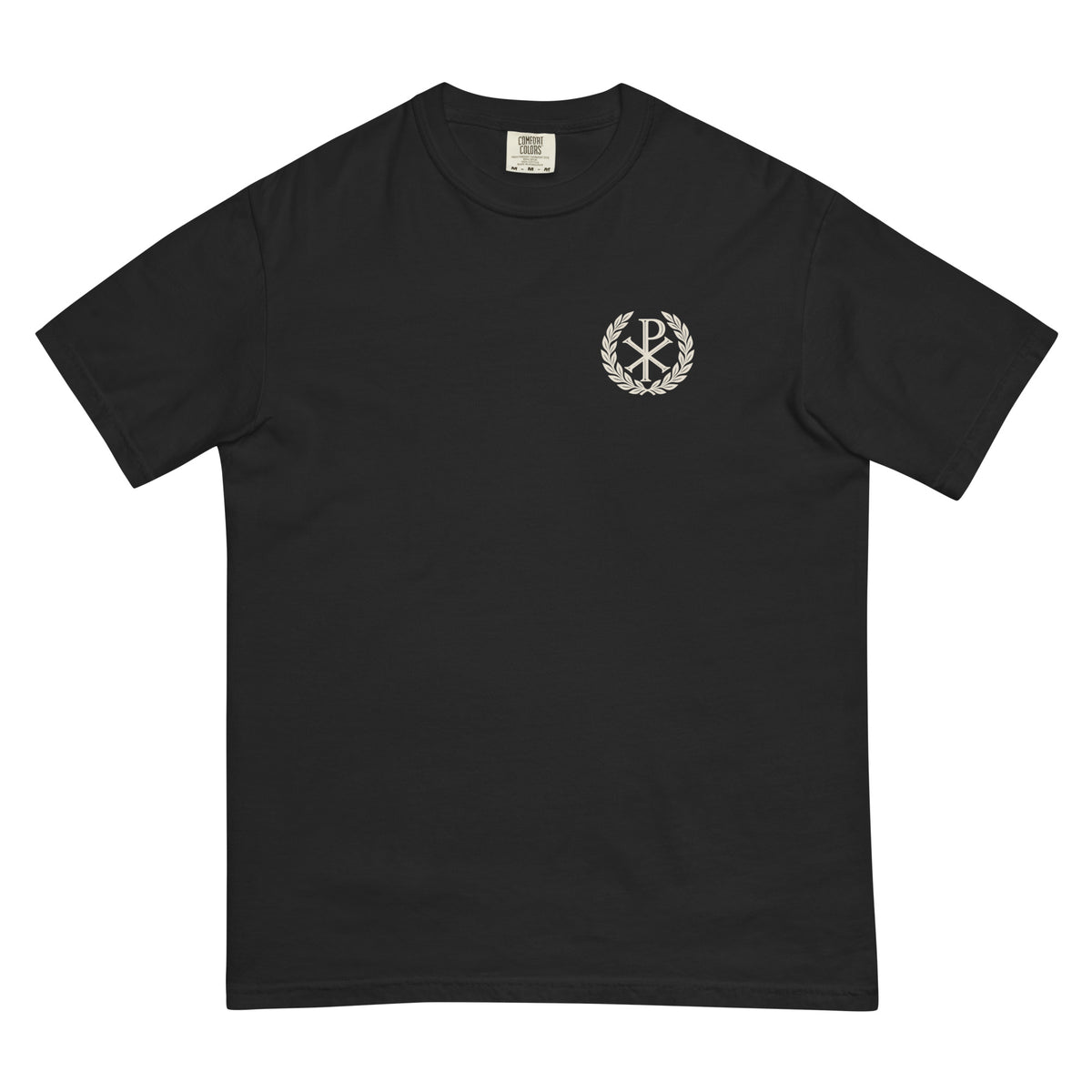 Fortis Fortuna Adiuvat Backprint Tee, front view with small Chi-Rho and laurel on the left chest