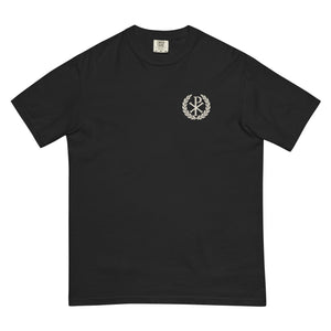 Fortis Fortuna Adiuvat Backprint Tee, front view with small Chi-Rho and laurel on the left chest