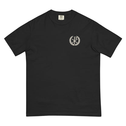 Fortis Fortuna Adiuvat Backprint Tee, front view with small Chi-Rho and laurel on the left chest