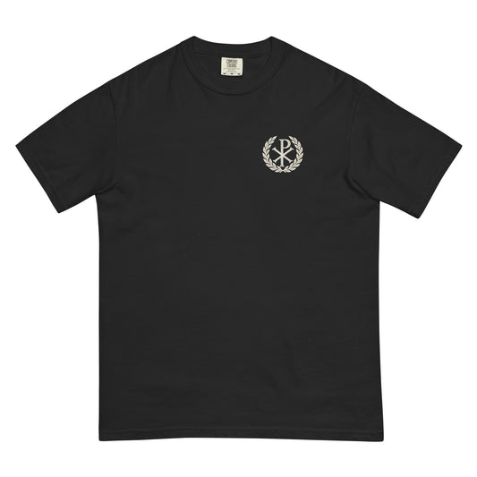 Fortis Fortuna Adiuvat Backprint Tee, front view with small Chi-Rho and laurel on the left chest